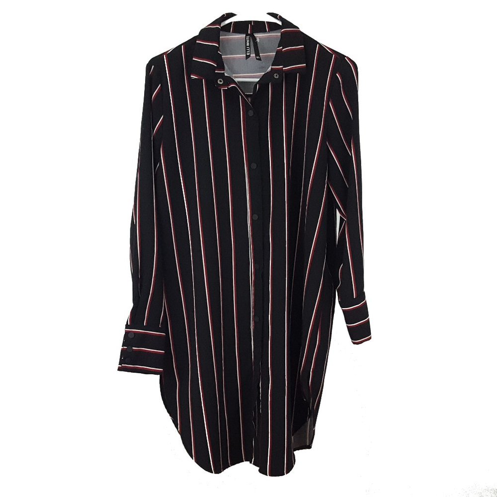 Elli White Snap Front Tunic Length Blouse Striped